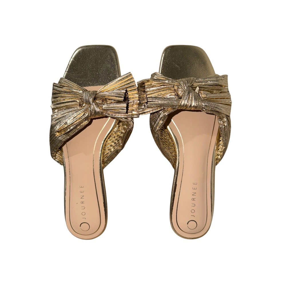 Journee Collection Serlina Gold Metallic Bow Slide Sandals Women's 11 NWOB